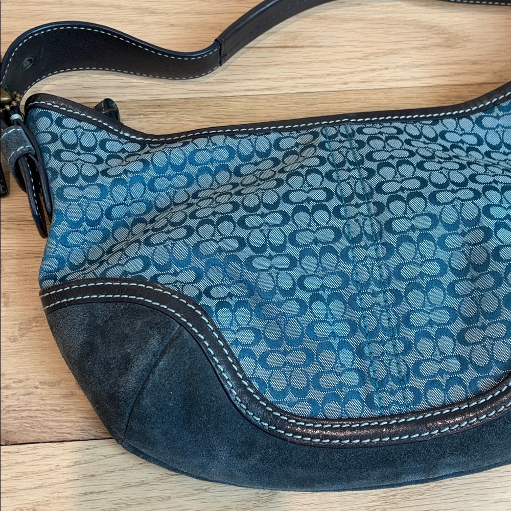 Coach Blue Signature Canvas Shoulder Bag with Suede Trim - Picture 5 of 10